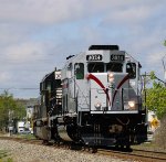 WS 1 light power eastbound thru town with freshly painted Heritage Unit 3024